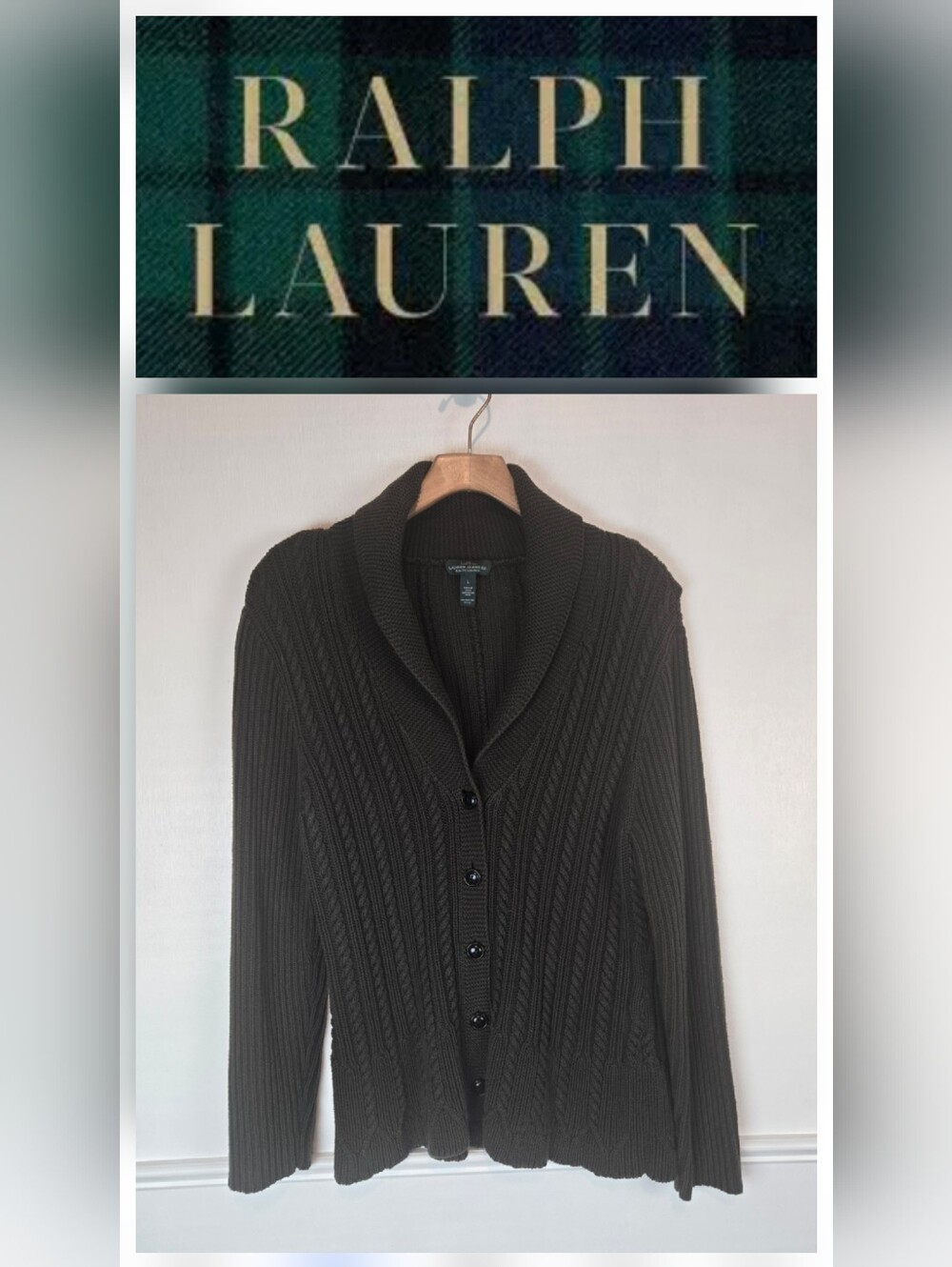 Ralph Lauren Shawl-Collar Cable Knit Cardigan Olive Green Or Brown Large